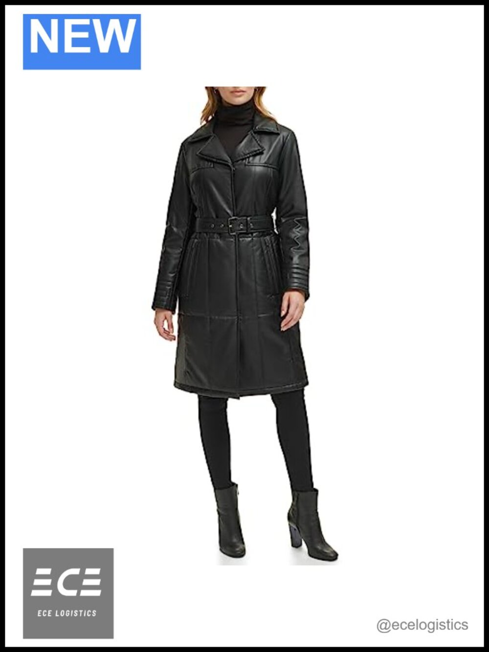 Faux Leather Belted Notch Collar Trench Coat Quilted Long Sleeve